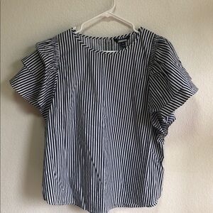 Project Runway Navy Blue and White Striped Blouse Ruffle Sleeves